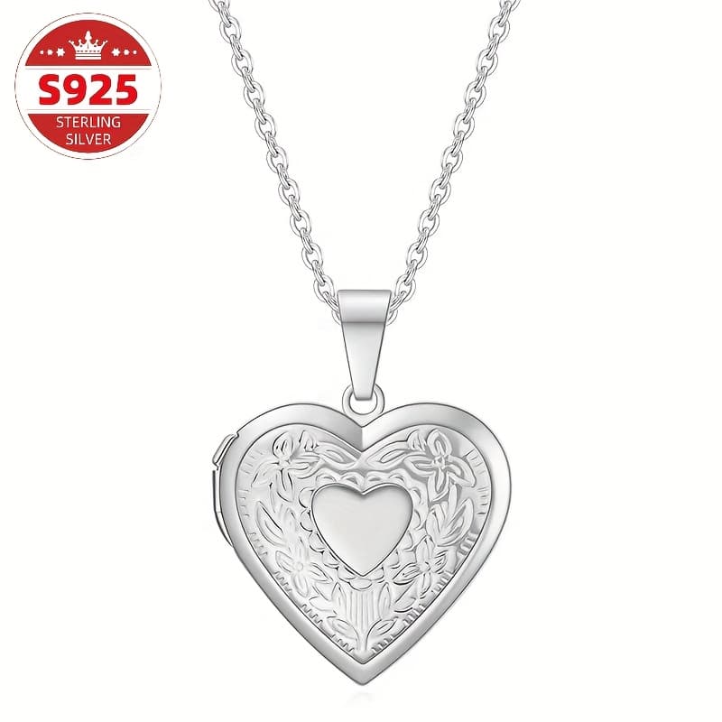 TEMU S925 Sterling Silvery Heart-shaped Pattern Can Open The Photo Frame Commemorative Pendant Collarbone Chain Women's Jewelry Essential For Valentine's Day Carnival Perfect Gift
