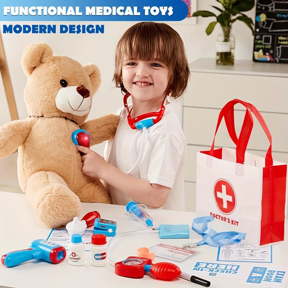 TEMU Kids Doctor Kit, 16pcs Pretend Play Medical Kit With Bag, Doctor Role Play Set With Realistic Toy Stethoscope, Reusable Record Cards, Dress Up Playset For Toddlers Ages 3+, Perfect Christmas Gift