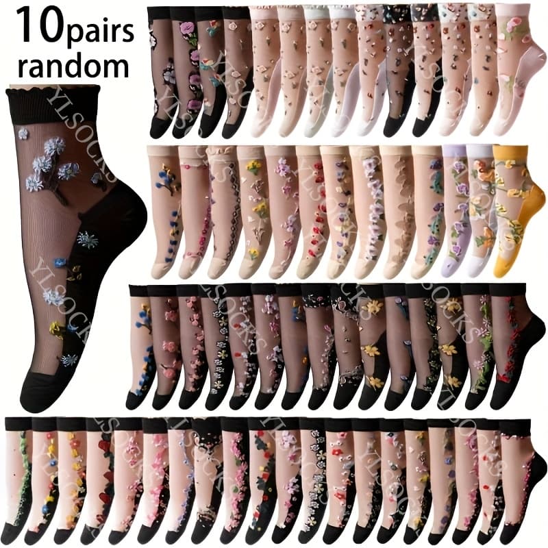 TEMU Random 10/ 20 Pairs Of Women's Card Flower Print Lace Soft, Comfortable, Breathable, Sweat Absorbing Women's Mid Tube Socks
