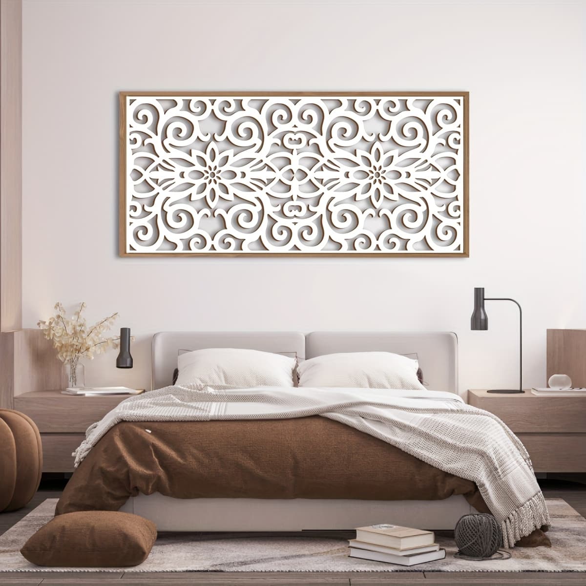 TEMU 1pc Large Wood Wall Art, Exquisite 16" X 32" Floral Carved Framed Sculpture, Ideal For Living Room, Bedroom And Office Decor