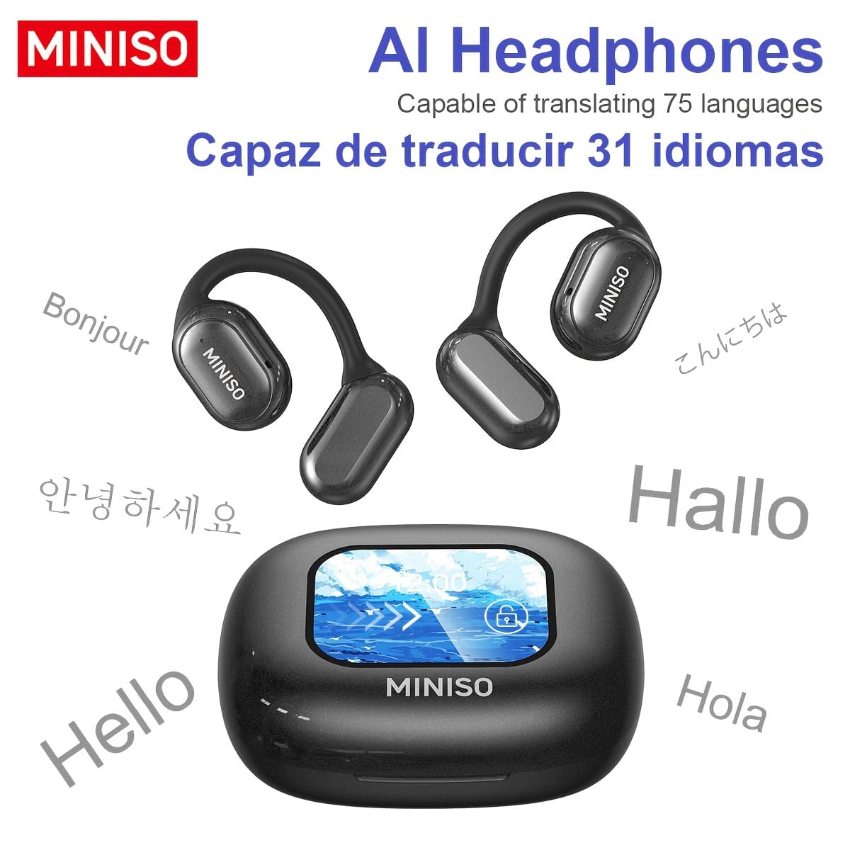 TEMU Miniso X30 Open-ear Translation Headphones, 135 Languages, Touch Screen, Long , High-, Built-in Mic, Usb Charging, Ideal For Work, Travel & Study, Study Earbuds | Screen | Ergonomic Earbuds