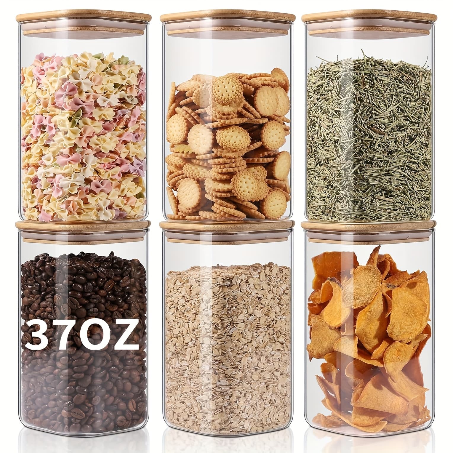 TEMU 6pcs Large Glass Storage Jars, 37oz Jars, Clear Glass Food Storage Containers With Airtight Bamboo Lids, For Candy, Biscuits, Rice, Sugar, Flour, Pasta, Nuts And Spice Jars
