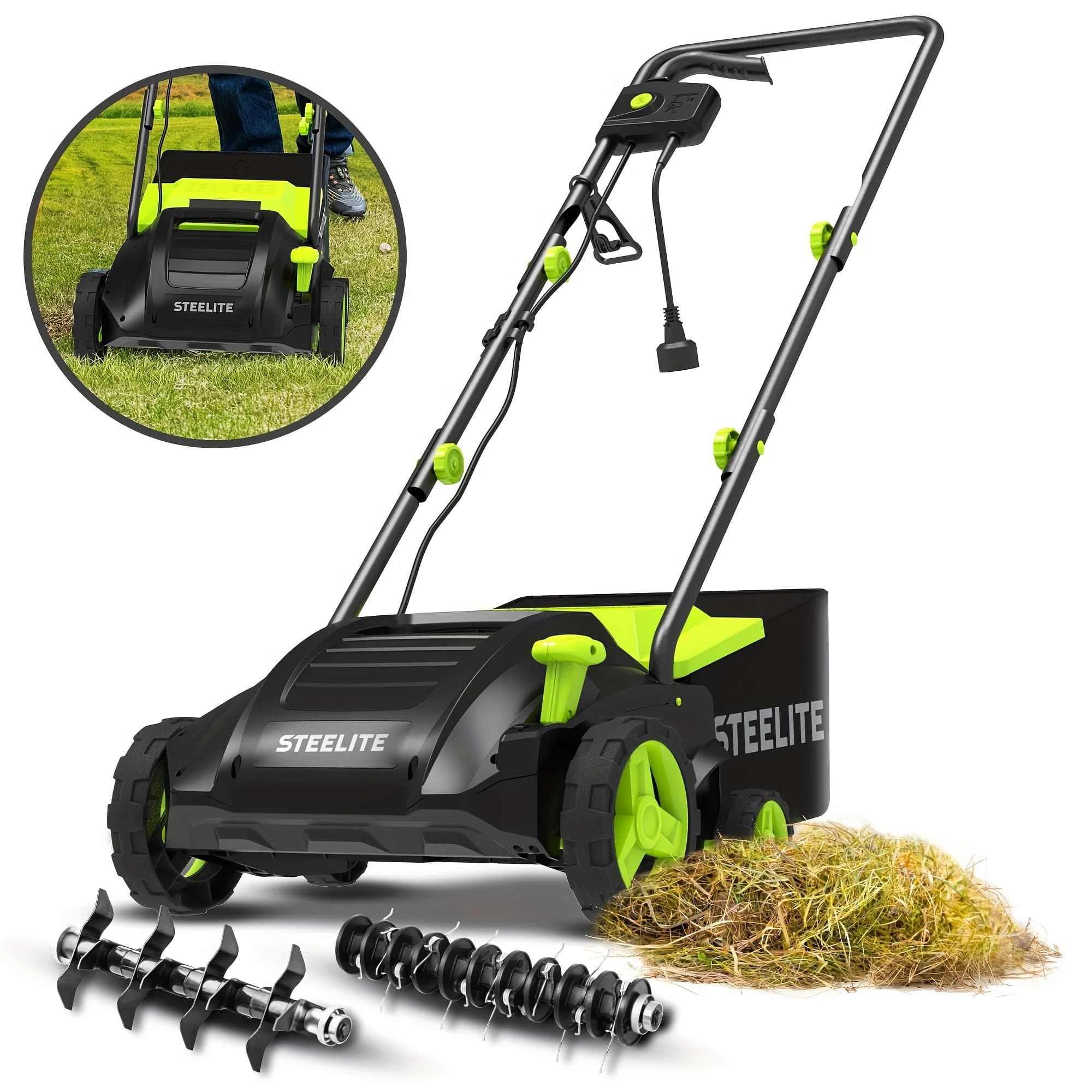 TEMU Deli 2-in-1 Electric Dethatcher And Scarifier, 13 Inches, 12-amp Corded Lawn Equipment With Detachable 8-gallon Collection Bag For Garden And Yard Maintenance