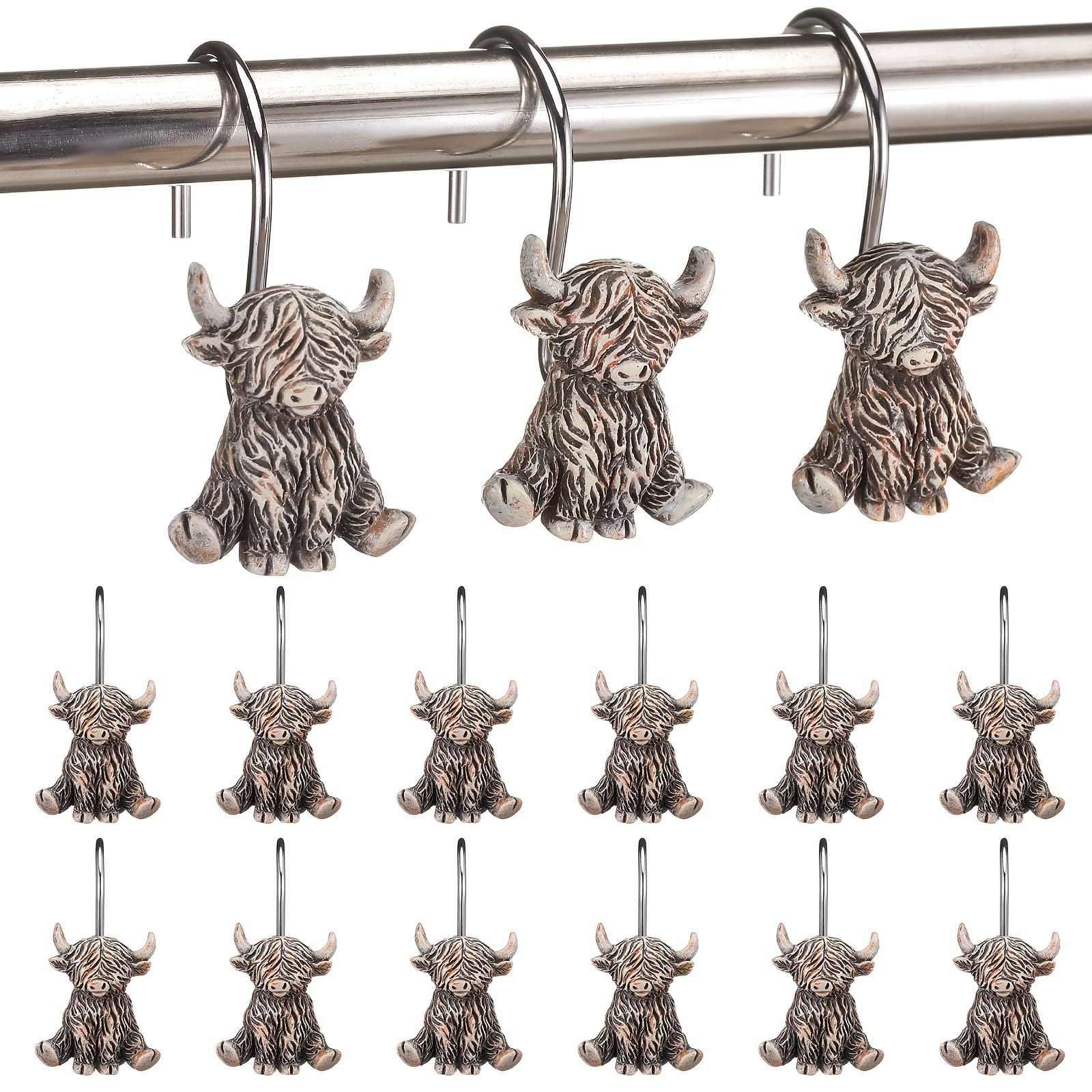 TEMU 12pcs Highland Cow Shower Curtain Hooks Western Shower Curtain Hooks Rust Resistant Rings Hangers For Winter Farmhouse Rustic Bathroom Decor