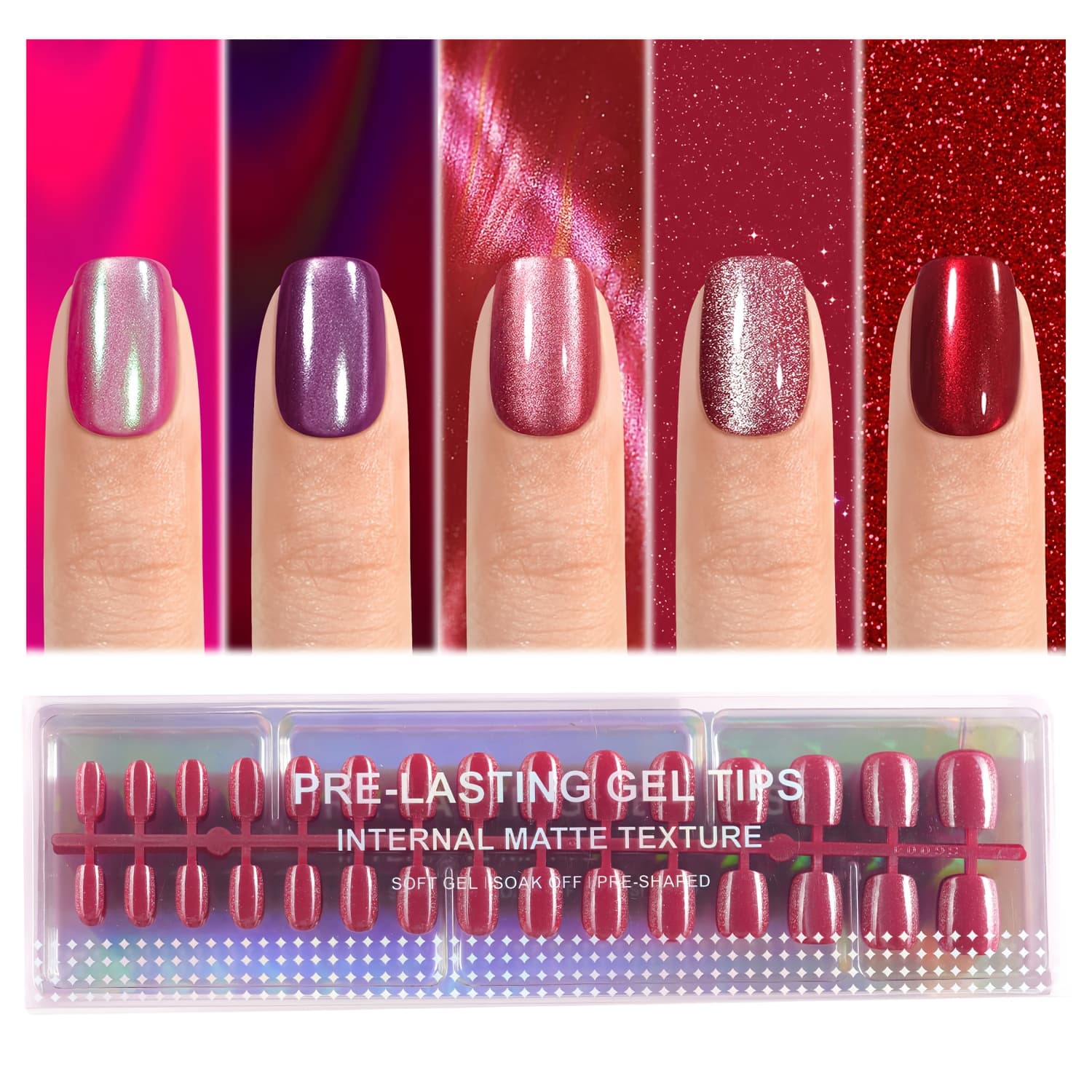 TEMU 150pcs Short Round Acrylic Cat Eye False Nails, Shiny Nails, 5 Trendy Colors Plus Size Set, Suitable For Women's, False Nail Decoration