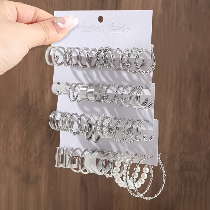TEMU Women's Elegant 48pcs Hoop Earrings Set - Stylish Geometric And Heart Shaped Design With Pearl Embellishments, Stainless Steel Studs, Suitable For Daily Wear And Gifts, Novelty Earrings
