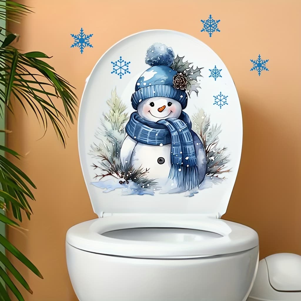 TEMU Christmas Snowman Toilet Lid Decal Set - Vinyl Self-adhesive Bathroom Stickers With Blue Snowflake Pattern - Reusable Festive Snowman Theme For Toilet Decoration