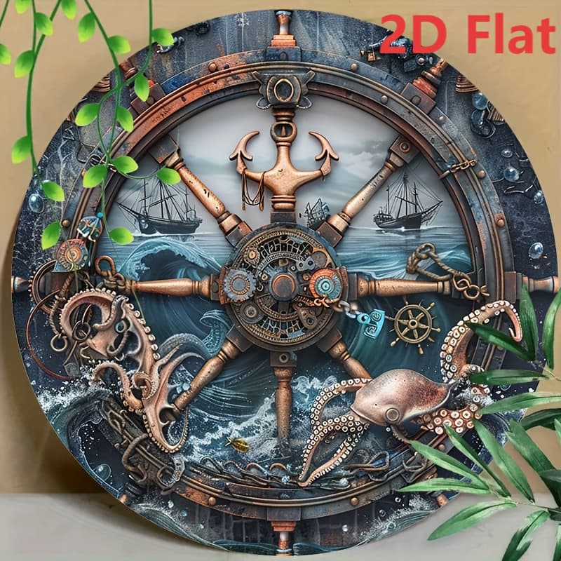 TEMU 1pc 8x8inch Aluminum Steampunk Sailing Theme Round Wall Art - Uv And Scratch Resistant, Decor For Home, Office, Coffee Shop