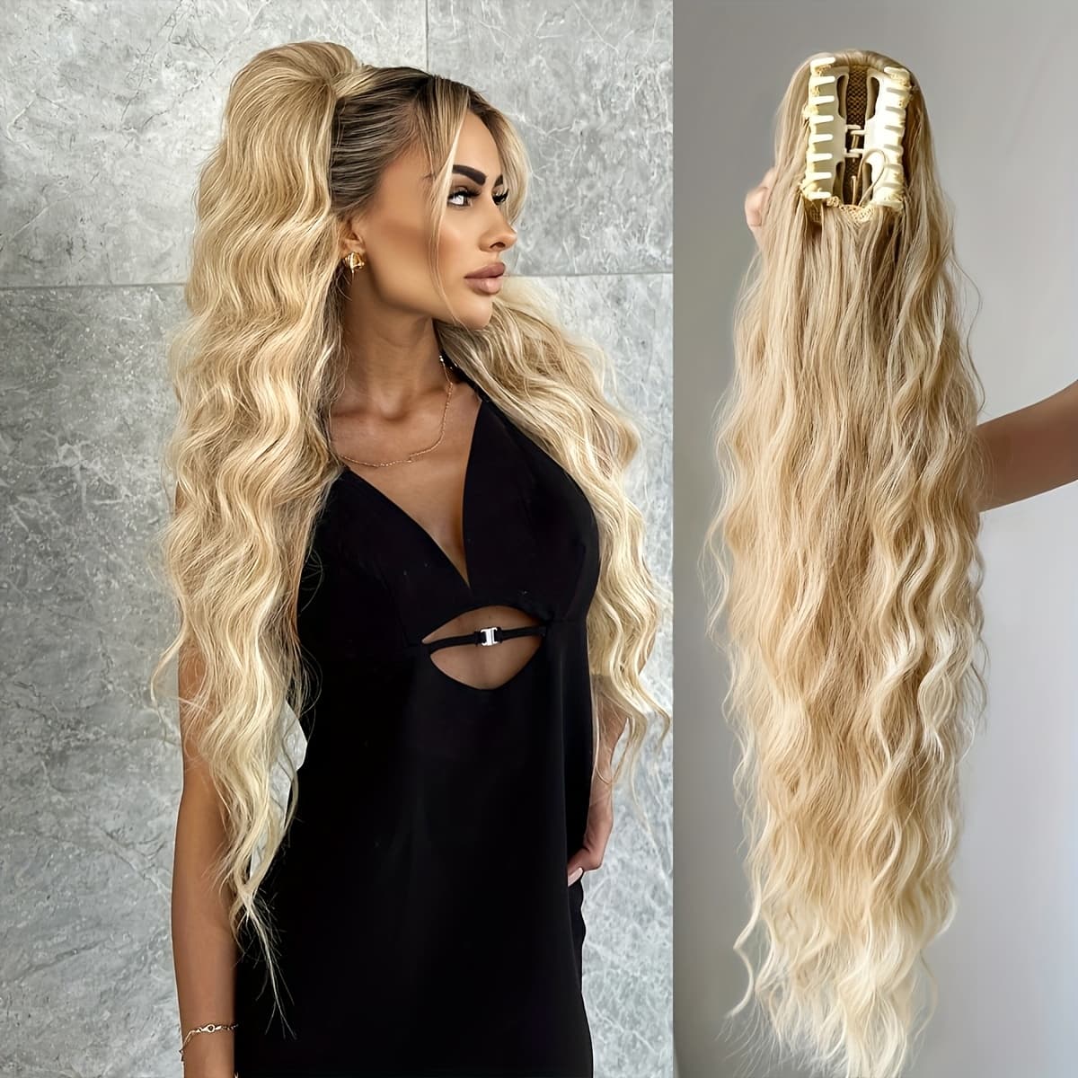 TEMU Ponytail Extension Drawstring Clip In Hair Extensions 28 Inch Long Wave Synthetic Hairpiece Wine Red
