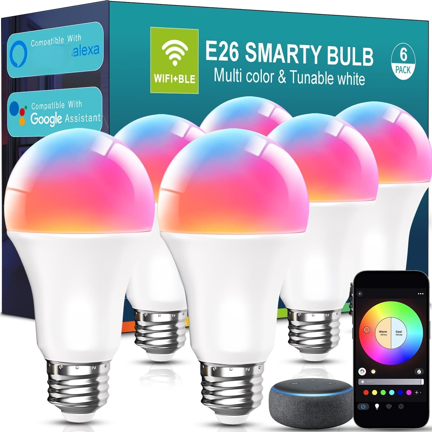 TEMU 6/4/2 Light Bulbs, 9w A19 E26 800lm Wifi Bluetooth Led Bulbs Compatible With Alexa, & Home, 16 Million Colors, Music Sync, Color Changing Dimmable, Room Decor, Home Decor, Halloween Decorations