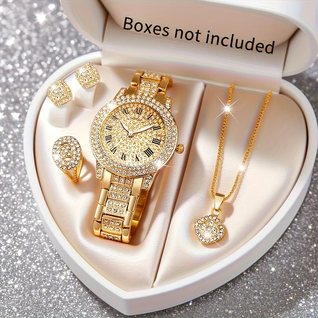 TEMU 5pcs Elegant Women's Rose Watch & Jewelry Set - Watch With Matching Bracelet, Necklace, Earrings & Ring Charm - Alloy & For Weddings, Parties, Daily Wear - Gift For Ladies,