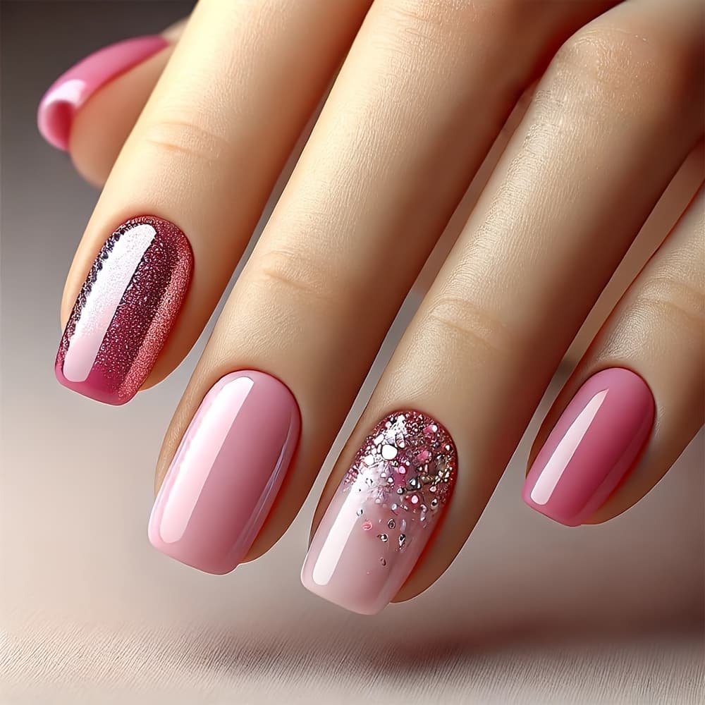 TEMU 24pcs Of Shiny Medium Square Press-on Nails Featuring A Pink Glitter Powder Design, Artificial Nails Are Reusable And Perfect For Women