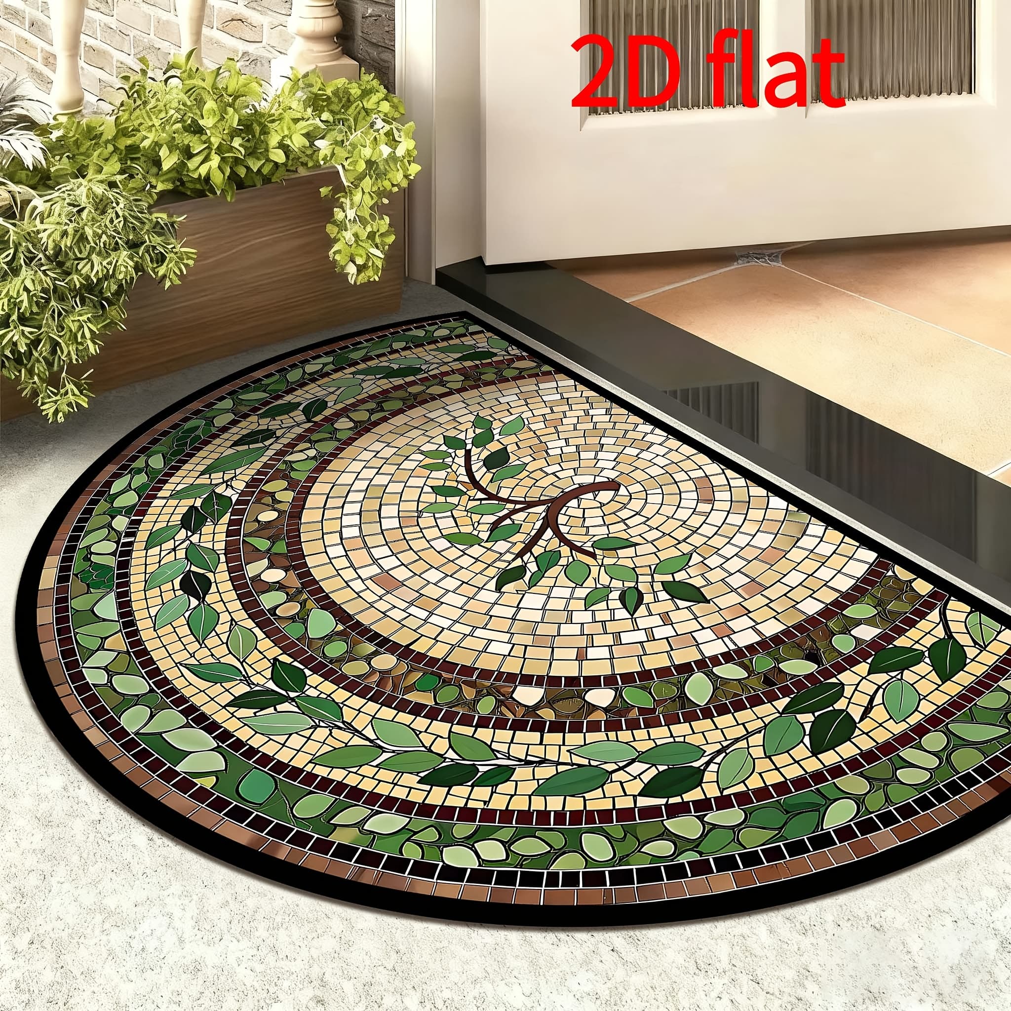 TEMU 2d Flat, 1pc Vintage Mosaic Plant Vine Doormat, Material Floor Mat, Soft And Comfortable, Durable Entry Mat, Suitable For Entrance, Bedroom, Bathroom, Kitchen, 2d Flat