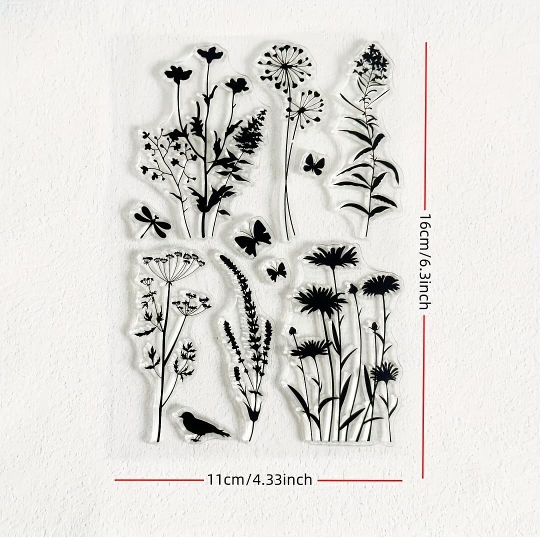TEMU 1pc Plant Silhouette Transparent Stamp, Flower Leaf Transparent Stamp, Daisy Lavender Rubber Stamp For Scrapbooking, Journaling, And Card Making