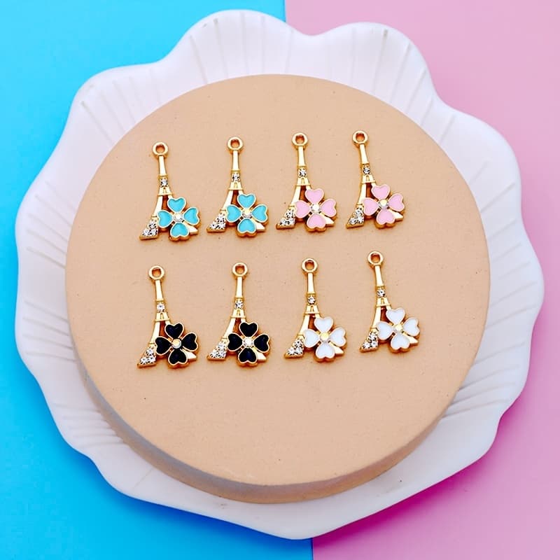 TEMU Set Of 8 Small Business Supplies Featuring A Bright Golden Plated Crystal And Charms In Blue, Black, Pink, And White, Perfect For Jewelry Making, Including Bracelets And Earrings