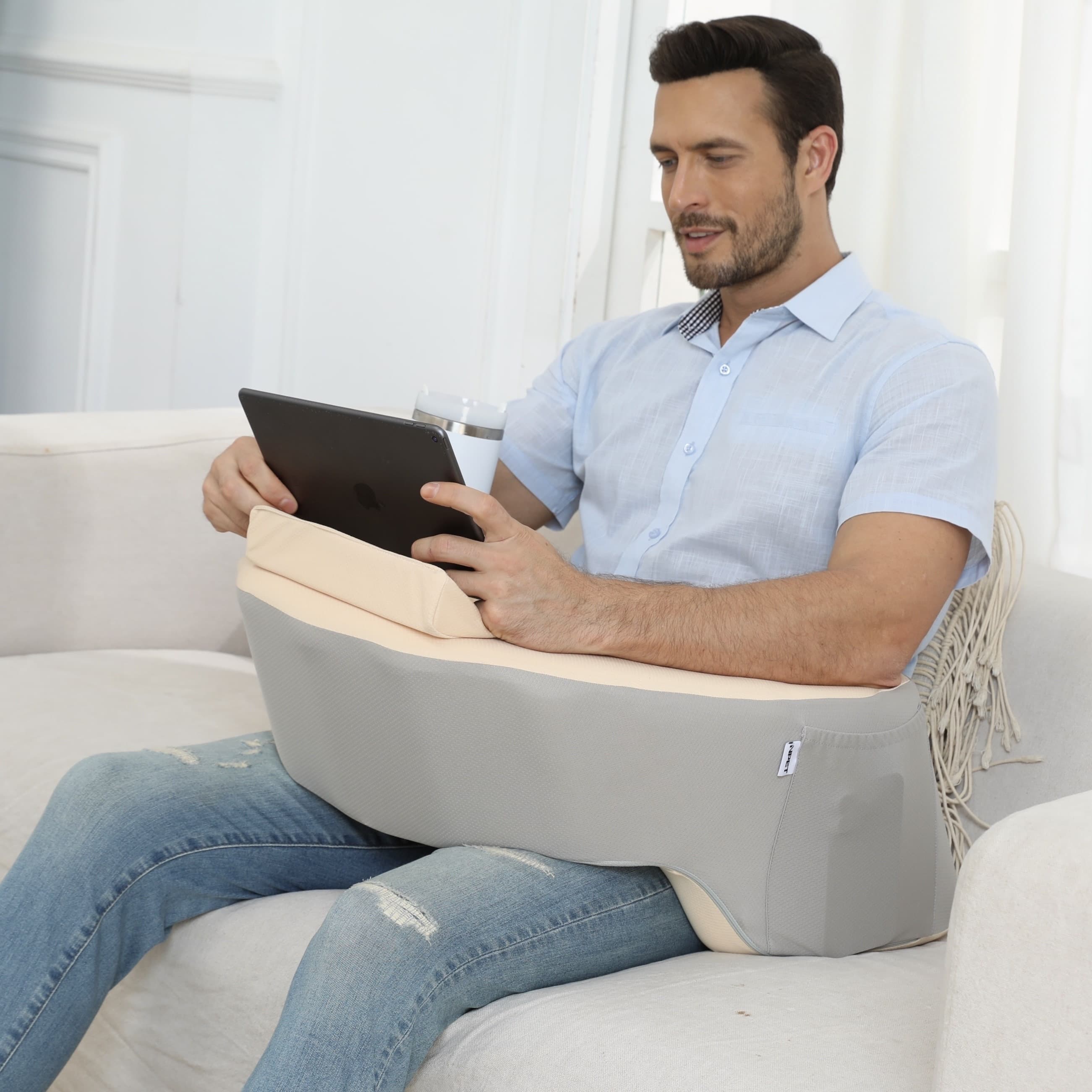 TEMU Reading Pillow Couch Lap Desk For Gaming, Arm Rest Pillow With Washable Cover, Arm Desk Pillow With 2 Side Pockets & Cup Holders For Unisex Gaming, Reading & Working On Bed Sofa Floor