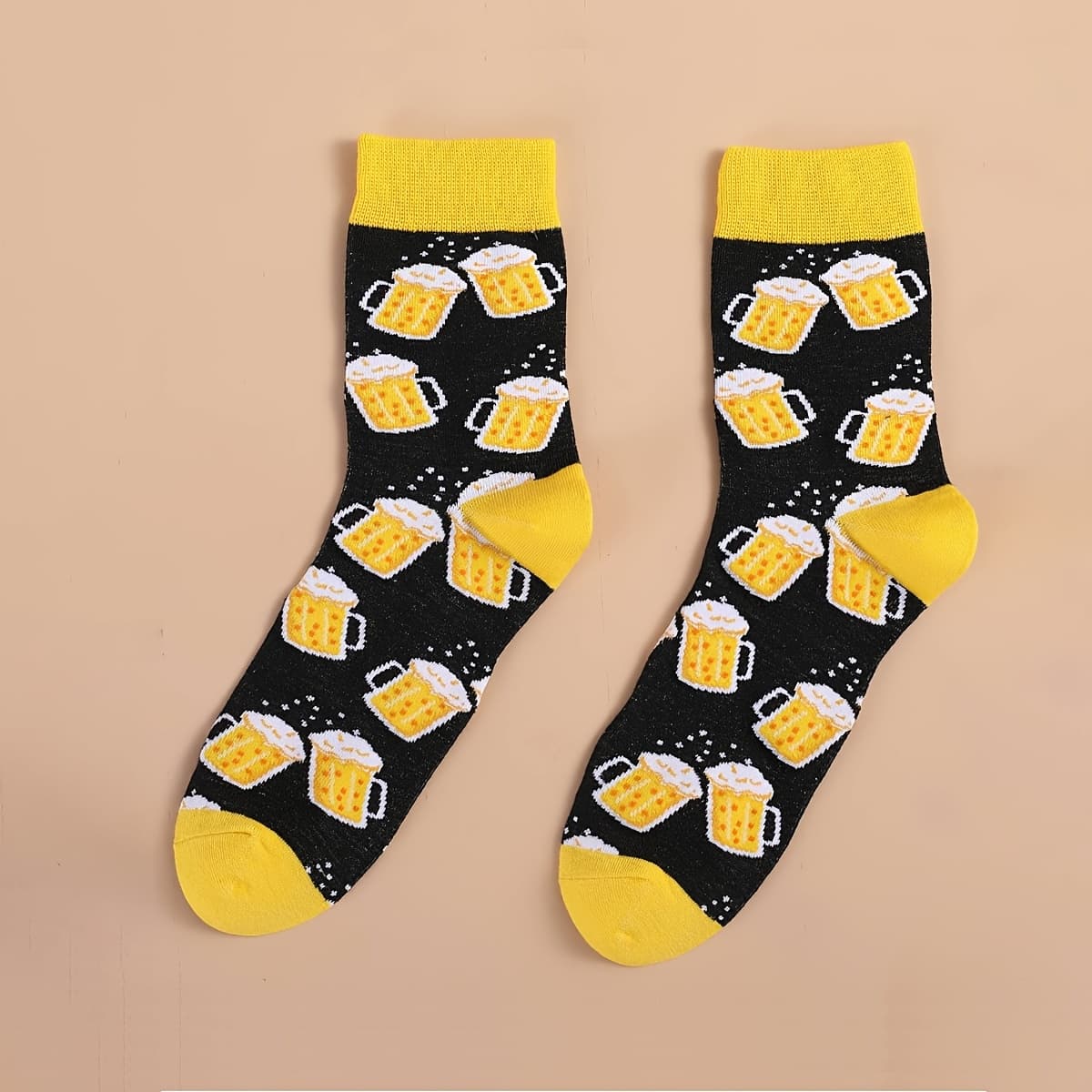 TEMU 1 Pair Of Men's Socks With Black Beer Color-matching Pattern Mid-calf Socks