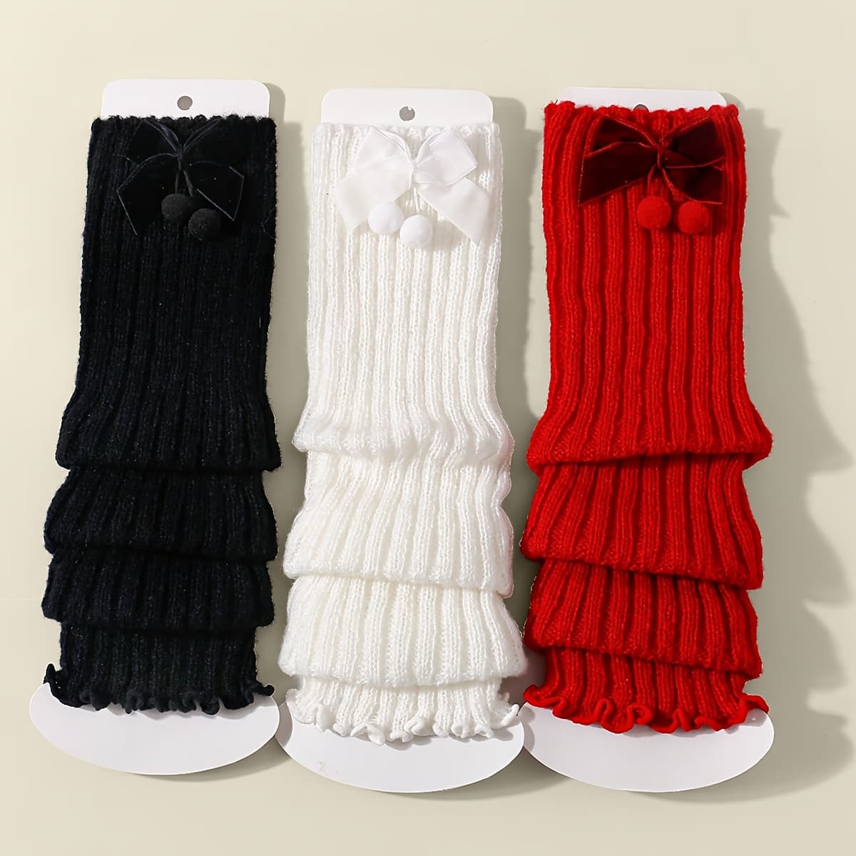 TEMU 3 Pairs Girls' Polyester Knitted Leg Warmers With Bowknot, Cute Stackable Winter Leg Covers, Hand Wash Or Professional
