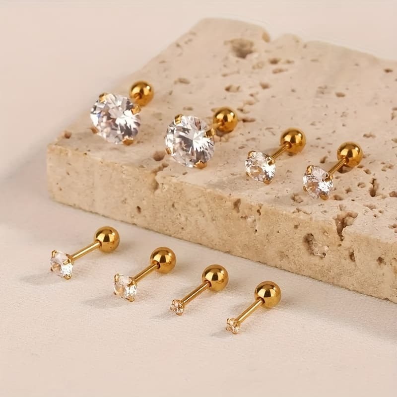 TEMU 4 Pairs/sets Of Fashionable 316 Steel -claw Round Synthetic Cubic Synthetic Synthetic Zircon​​ Stud Earrings, Unisex Style, Suitable For Daily Wear