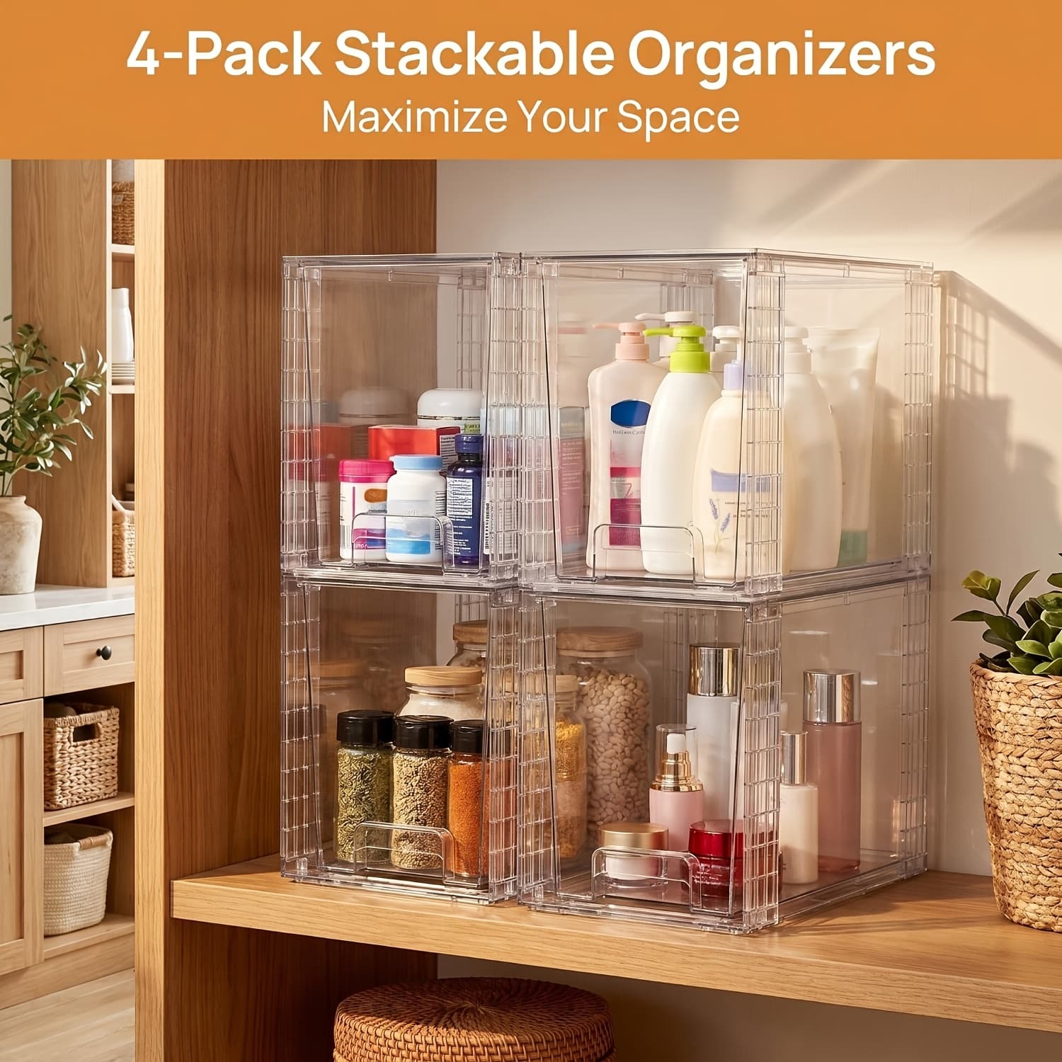 TEMU 4 Pack 9.7" Plastic Under Sink Storage, Drawer Organizer - Stackable Storage Bins For Skincare, Makeup, Bathroom And Kitchen Organization - Fits Cabinet, Undersink, Pantry, Vanity