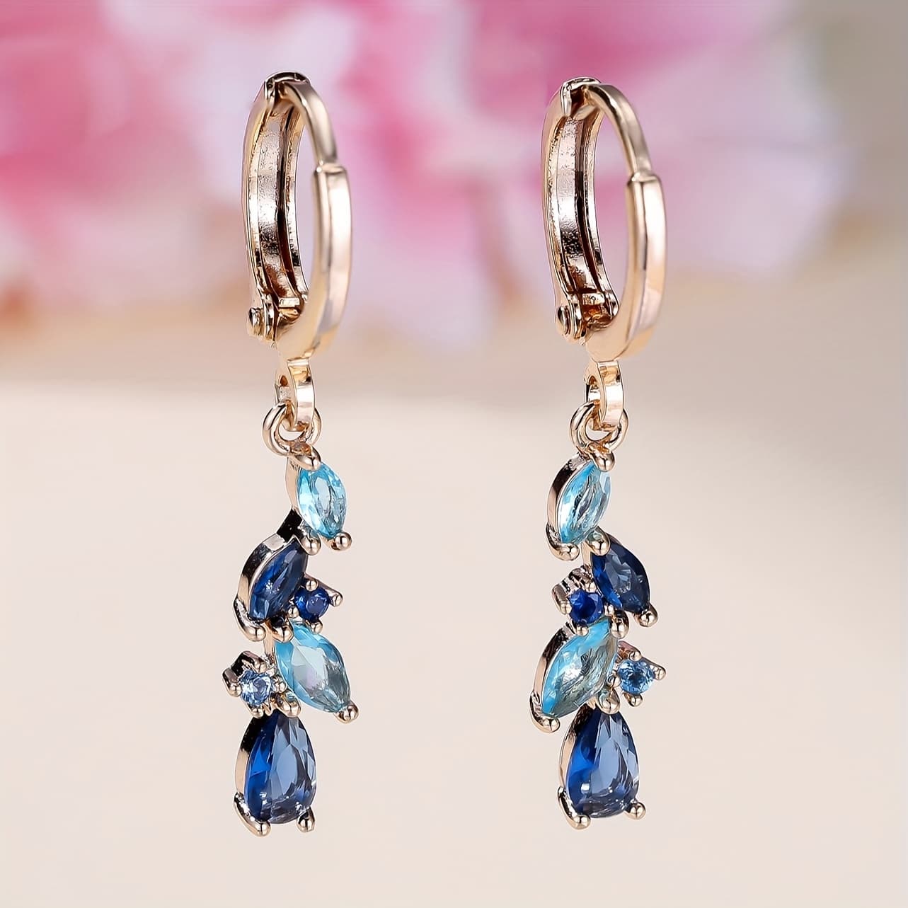 TEMU 1 Pair Of Women's Golden Color Pendant Earrings Luxurious Blue Shaped Long Drop Earrings Wedding Jewelry For Pretend Play