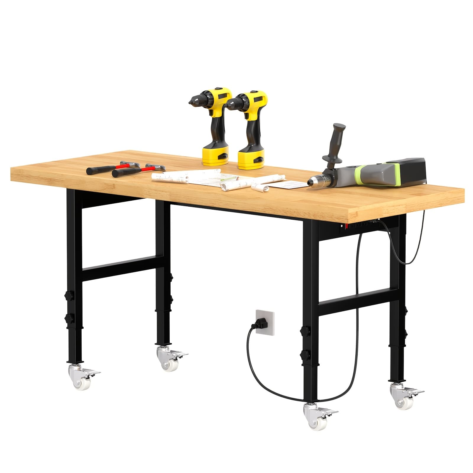 TEMU 60 Solid Wood Tool Desk - With Drawers, Outlets, And Swivel Casters - Multiple Models