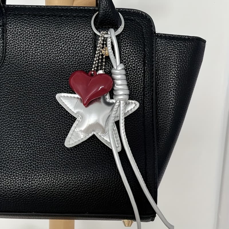 TEMU Silvery Bag Pendant, Heart, Silvery Braided Rope, Easy Keychain, Bag Pendant