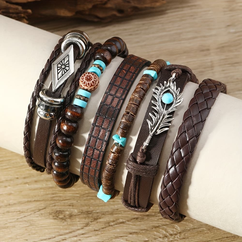 TEMU 6pcs Vintage Literary Style Feather Beaded Bangle Bangle Bracelet Set, A Gift For