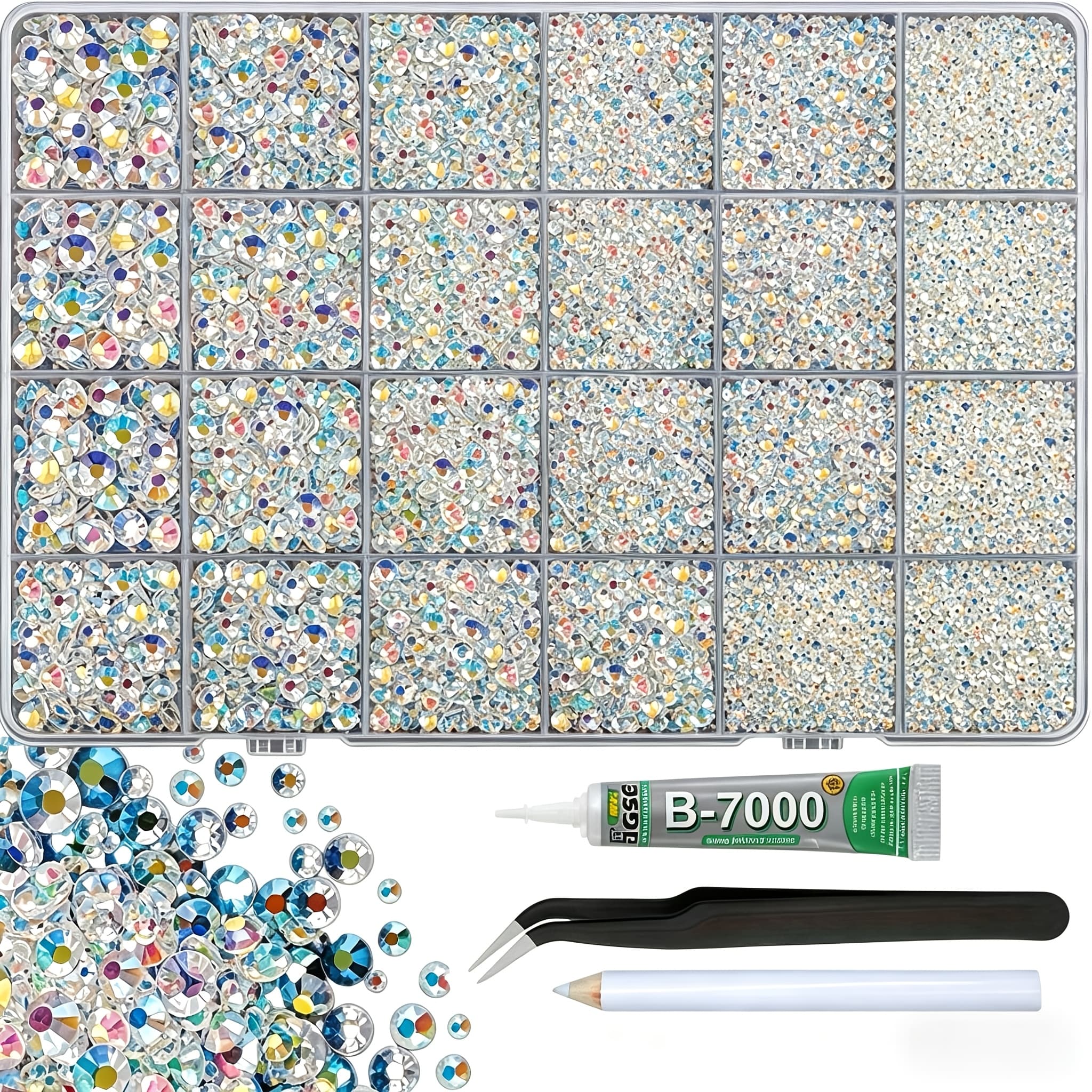 TEMU 24 Grid Glass Nail Accessory With Tweezers, Used For Handmade Crafting, Transparent Flat Gemstone, Used For Crafts, Clothing, Cups, Shoes, Fabric, Nail Decoration