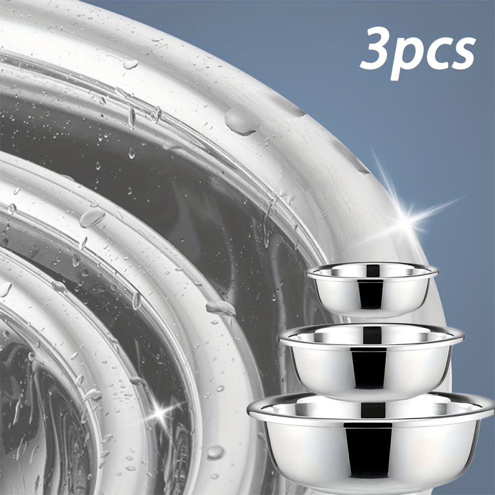 TEMU Three-piece Stainless Steel Mixing Bowl Set, Kneading Bowl, 3 Sizes Suitable For Baking, Food Preparation, Bright Surface, Easy To Clean, Durable, Dishwasher Safe
