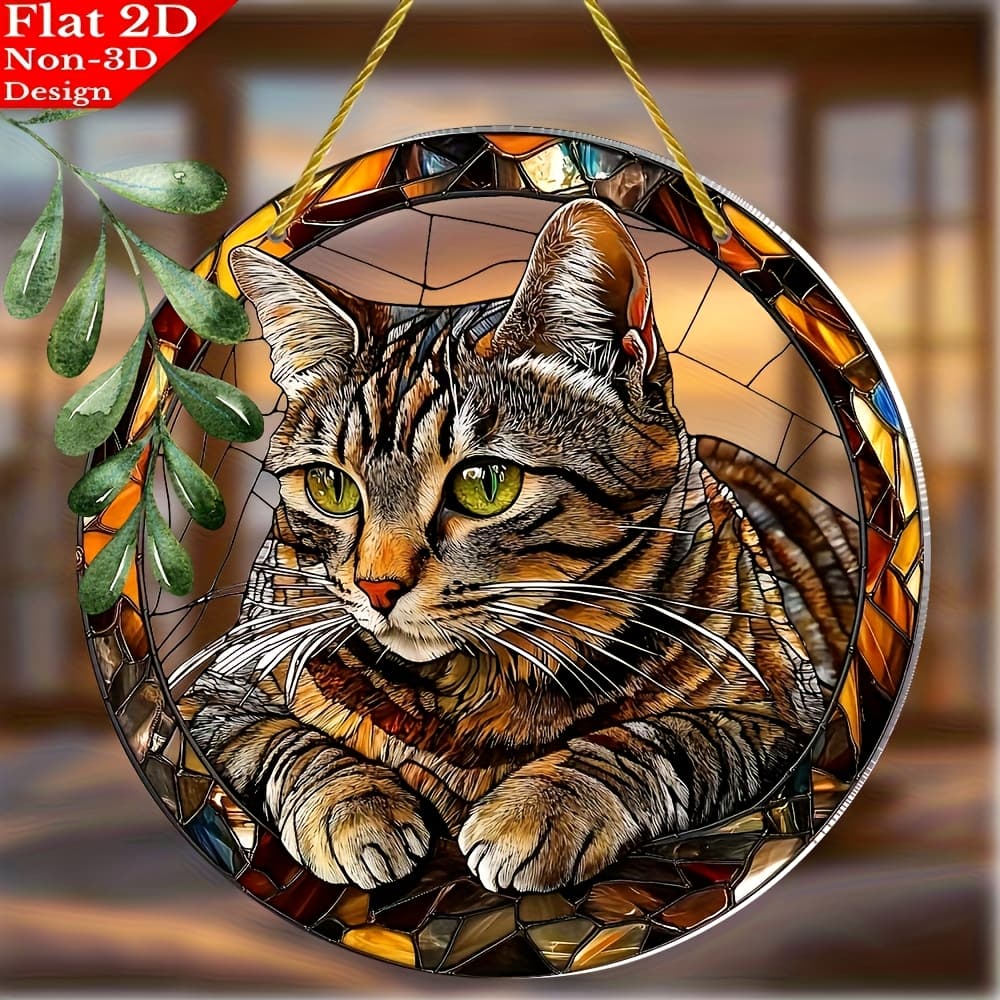TEMU 2d Flat Printing Stained Acrylic Suncatcher (20.32cm X 20.32cm) Window Hanging, Realistic Feline Art Decor, Ideal For Living Room, Bedroom, Office, Cafe, Gift For Cat Lovers