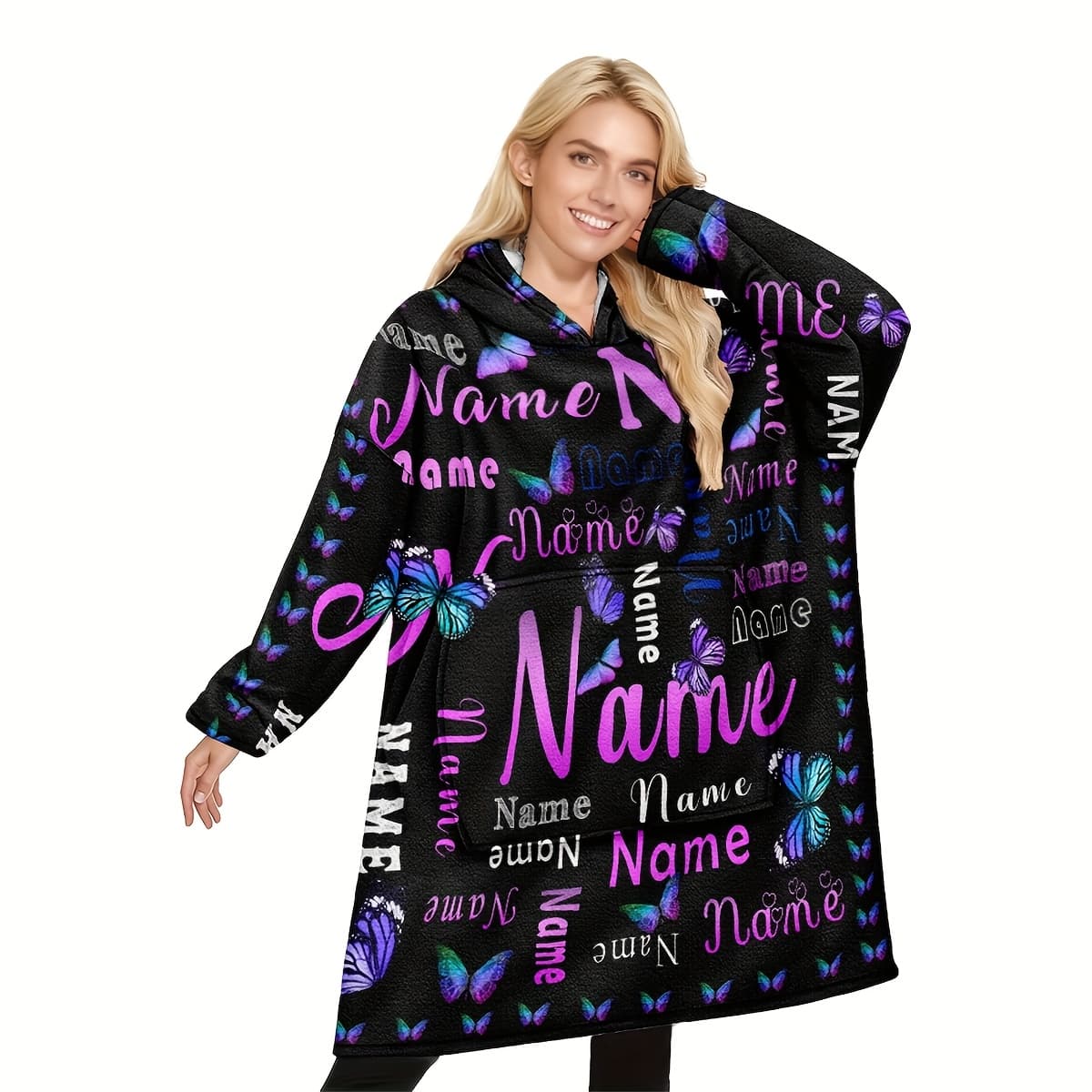 TEMU 1pc Name/text Custom Wearable Hooded Blanket With Name/message - Soft Flannel Purple Gradient Bedspread With Large Pockets For Adults, For (girlfriend, Mom) - Machine Washable Keepsake Bed