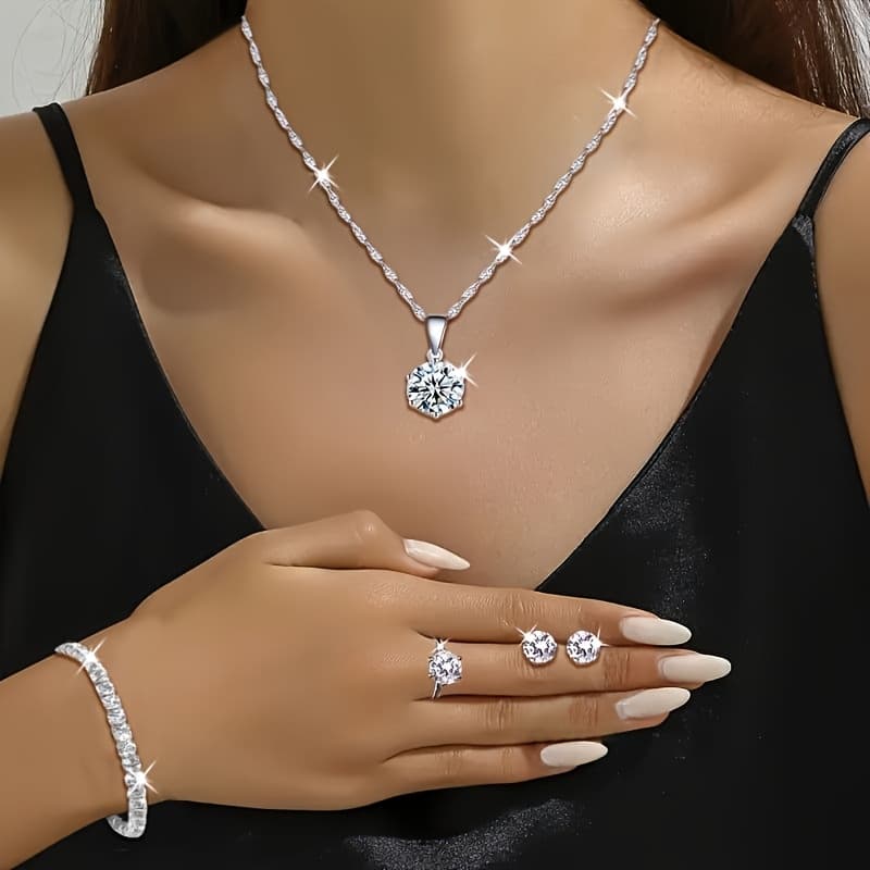 TEMU A Four-piece Jewelry Collection For Women, Including A Necklace, Earrings, A Bracelet, And A Ring; Featuring A Moissanite Design; Sophisticated Additions For Everyday