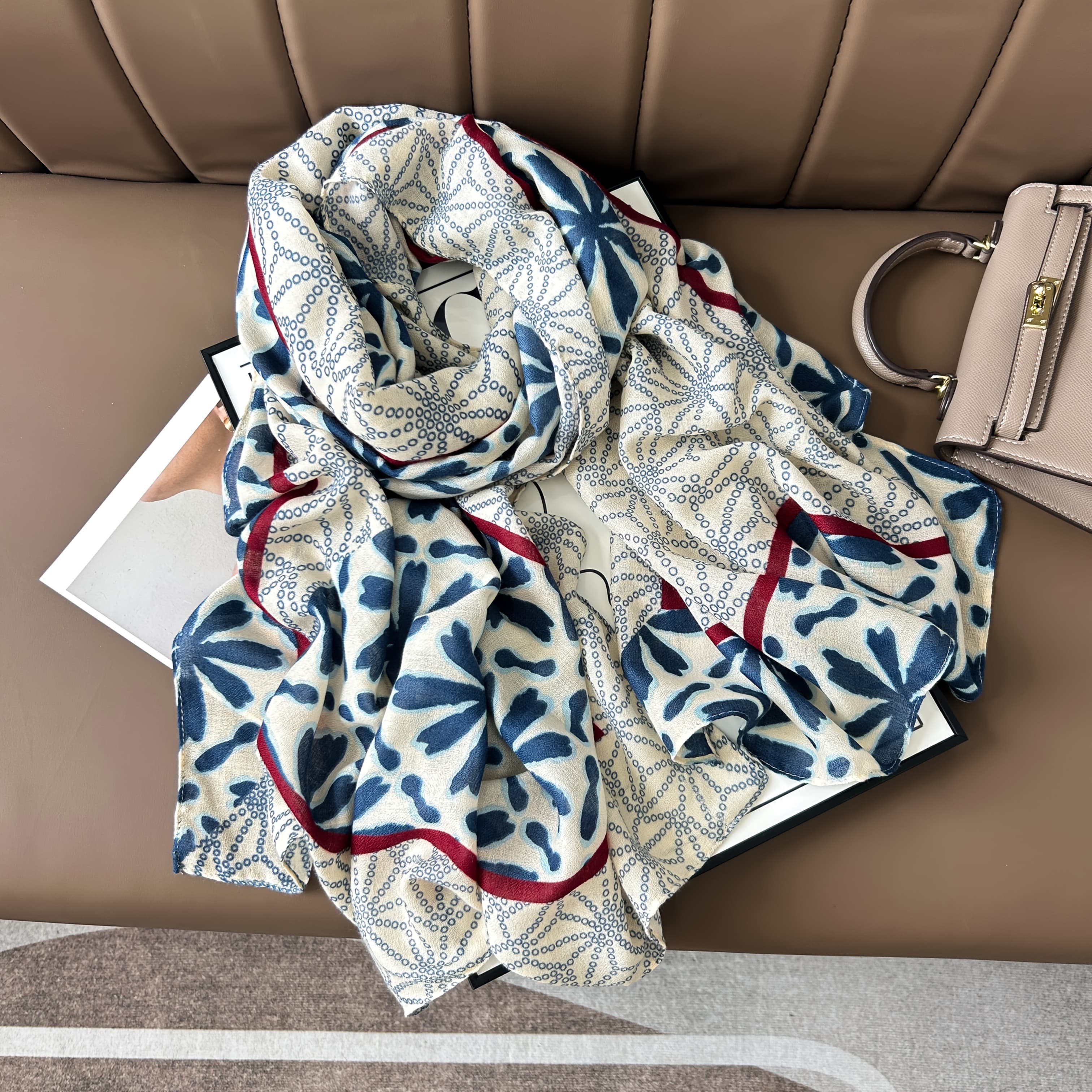 TEMU Women' Marryhappy Retro Petal Print Scarf - Elegant Petals, Soft Warm Shawl Suitable For Casual Outfits, Travel & , Versatile Neck Wrap Or Shawl, Hand Washable Retro Accessory