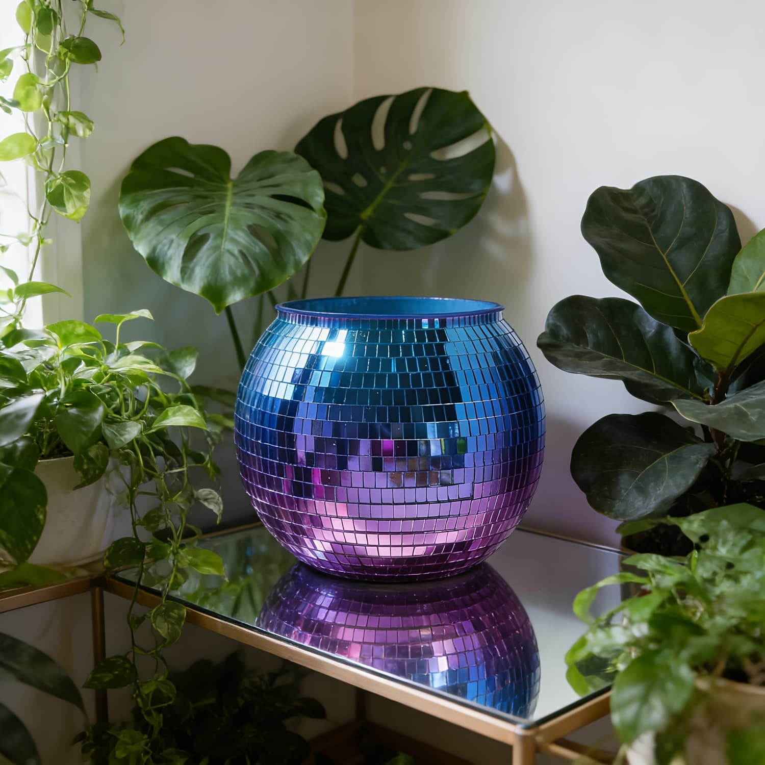 TEMU Gradient Blue Purple Mirror Mosaic Disco Ball Planter Shiny Decorative Flower Pot For Indoor Outdoor Home Desk Decor Wedding Party Gift Gardening Gift,home Decor