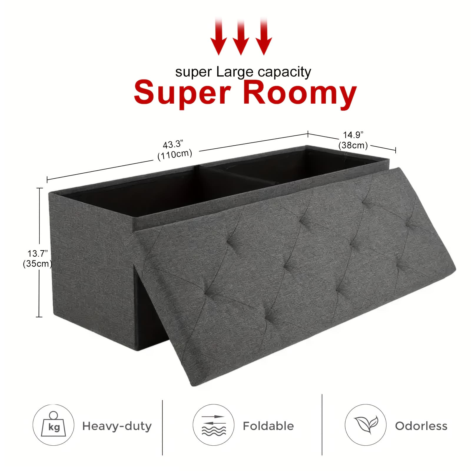 TEMU Storage Ottoman Bench With Bins, 43in Storage Bench For Bedroom End Of Bed, Folding Foot Rest Ottoman For Living Room Max 660lbs, Fabric Ottomans, Grey