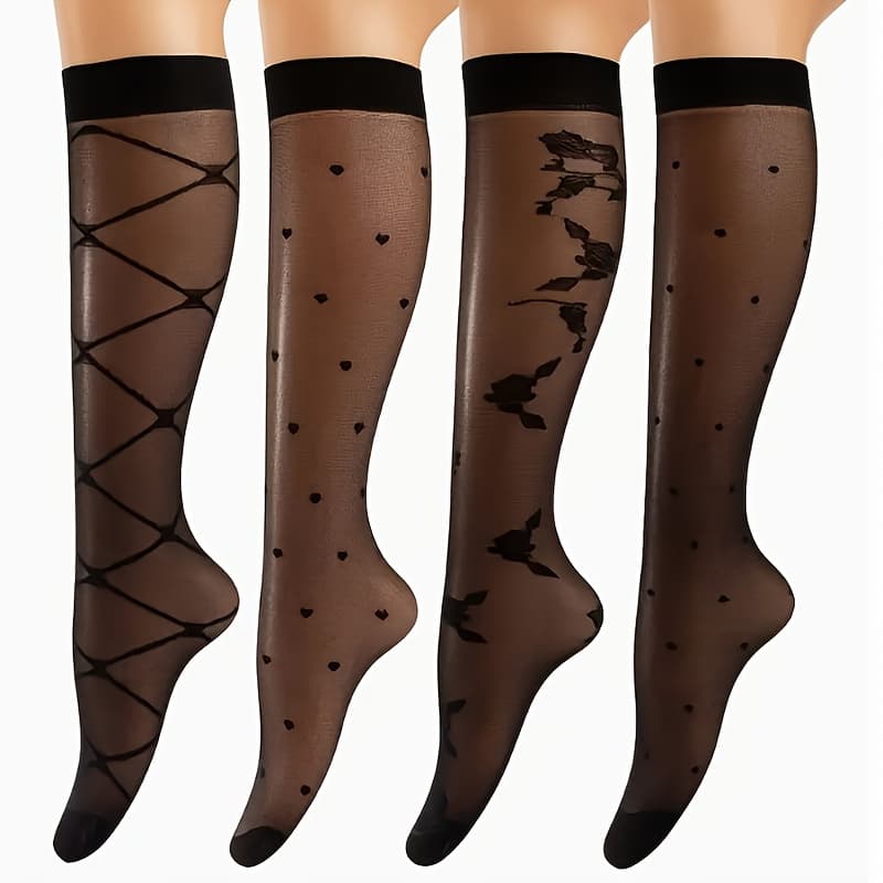 TEMU 4 Pairs Of Women's Calf Socks Summer Thin Stockings Women's Sexy Micro-transparent Fashionable Versatile Jacquard Long Stockings, Multiple Styles