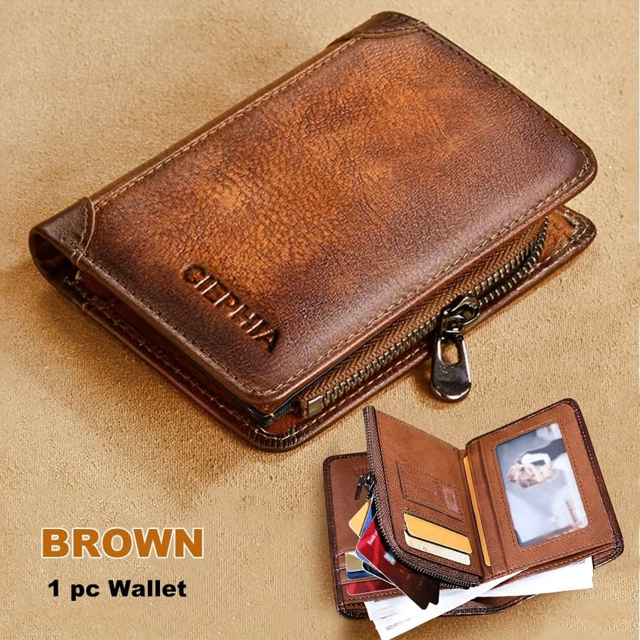 TEMU Men's Vintage Short Genuine Leather Wallet Multi Function Purse Rfid Blocking Zipper Id Credit Card Holder Valentine's Day Gifts For Men