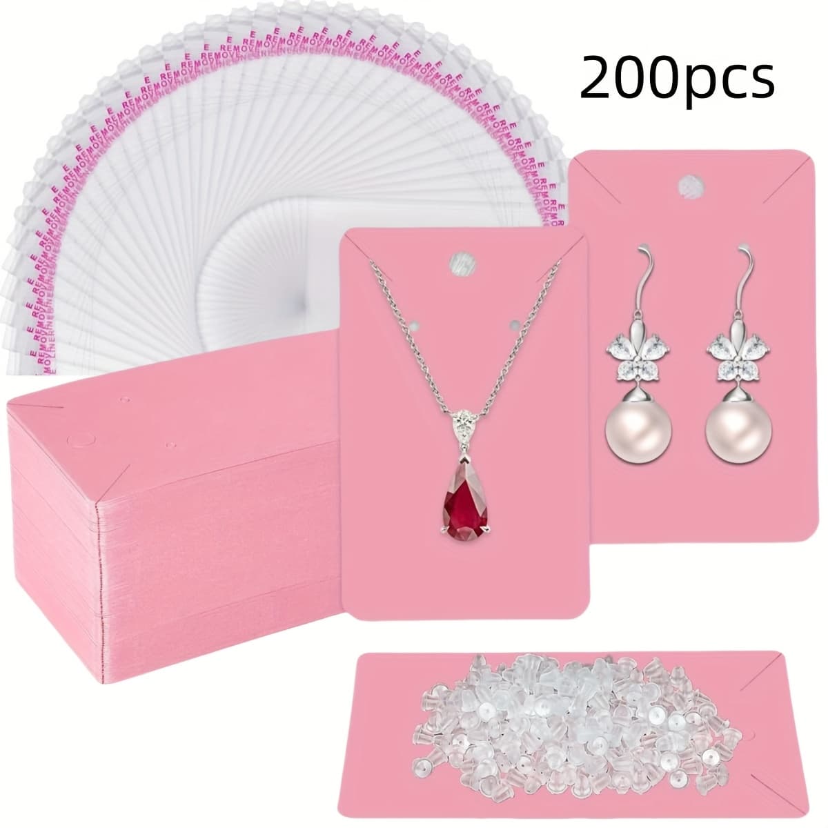 TEMU 200pcs Pink Earring Display Cards Kit Includes 50pcs Pink Earring Cards, 50pcs Self-sealing Packaging Bags And 100pcs Rubber Earring Backs For Necklace Earring Jewelry Display (50 50 100)