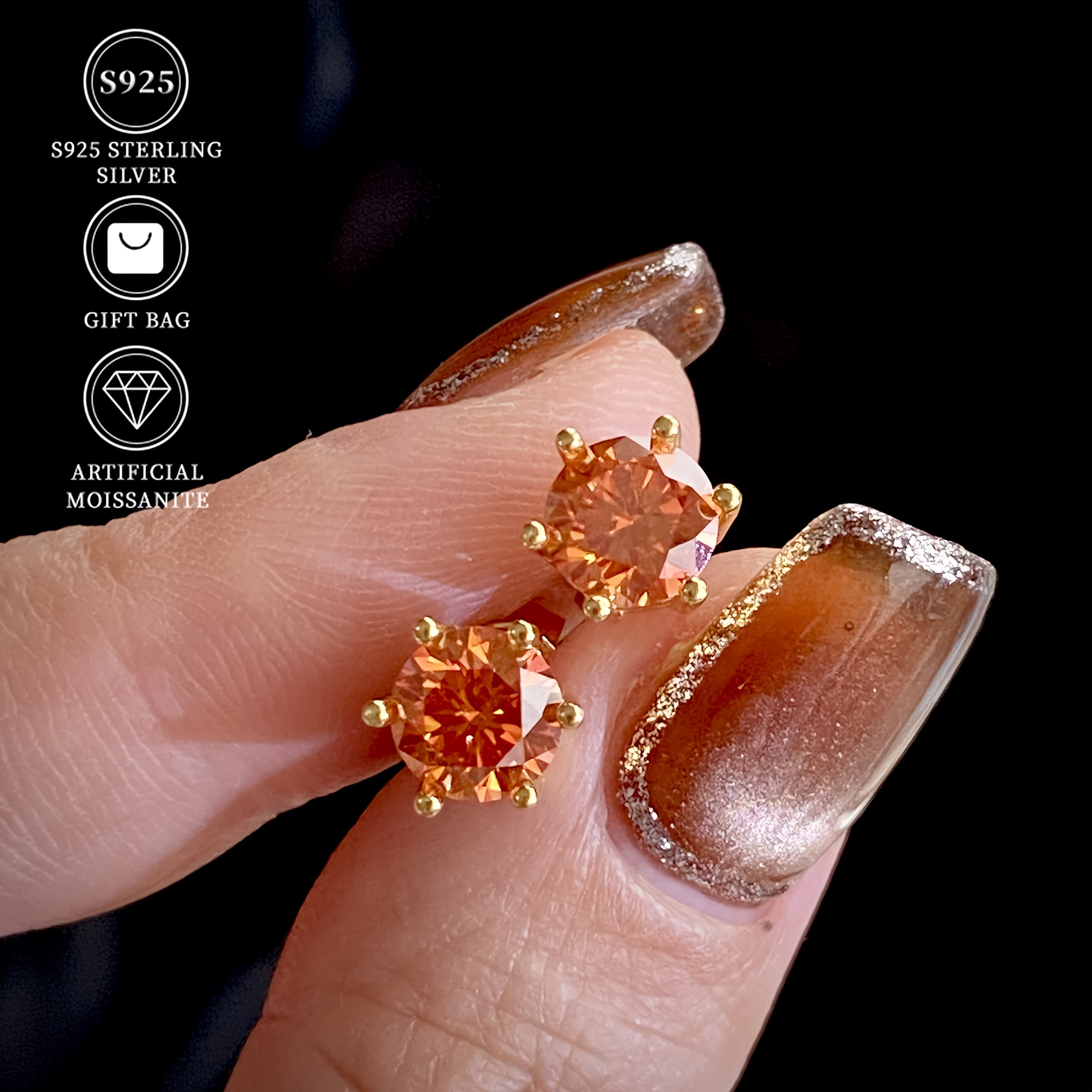 TEMU S925 Silver Earrings Featuring A Pair Of 1-carat Orange Synthetic Moissanite Stones With Six-claw Design, Weighing 1.63 Grams