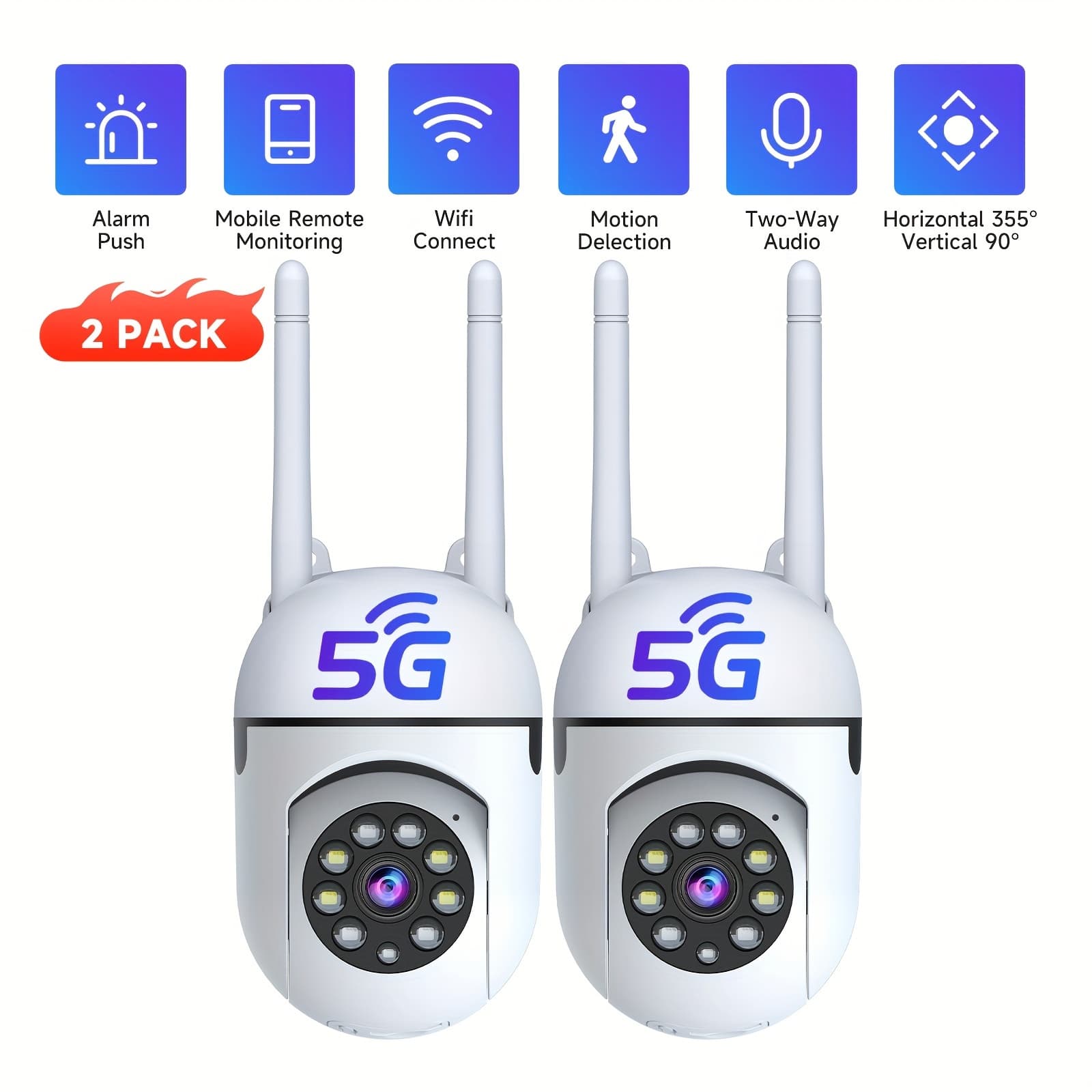 TEMU 2pcs Wireless Camera, Detection, Dual-band Wifi, 355° Pan And Tilt, Video, Audio, Night Vision, Cloud And Sd Storage