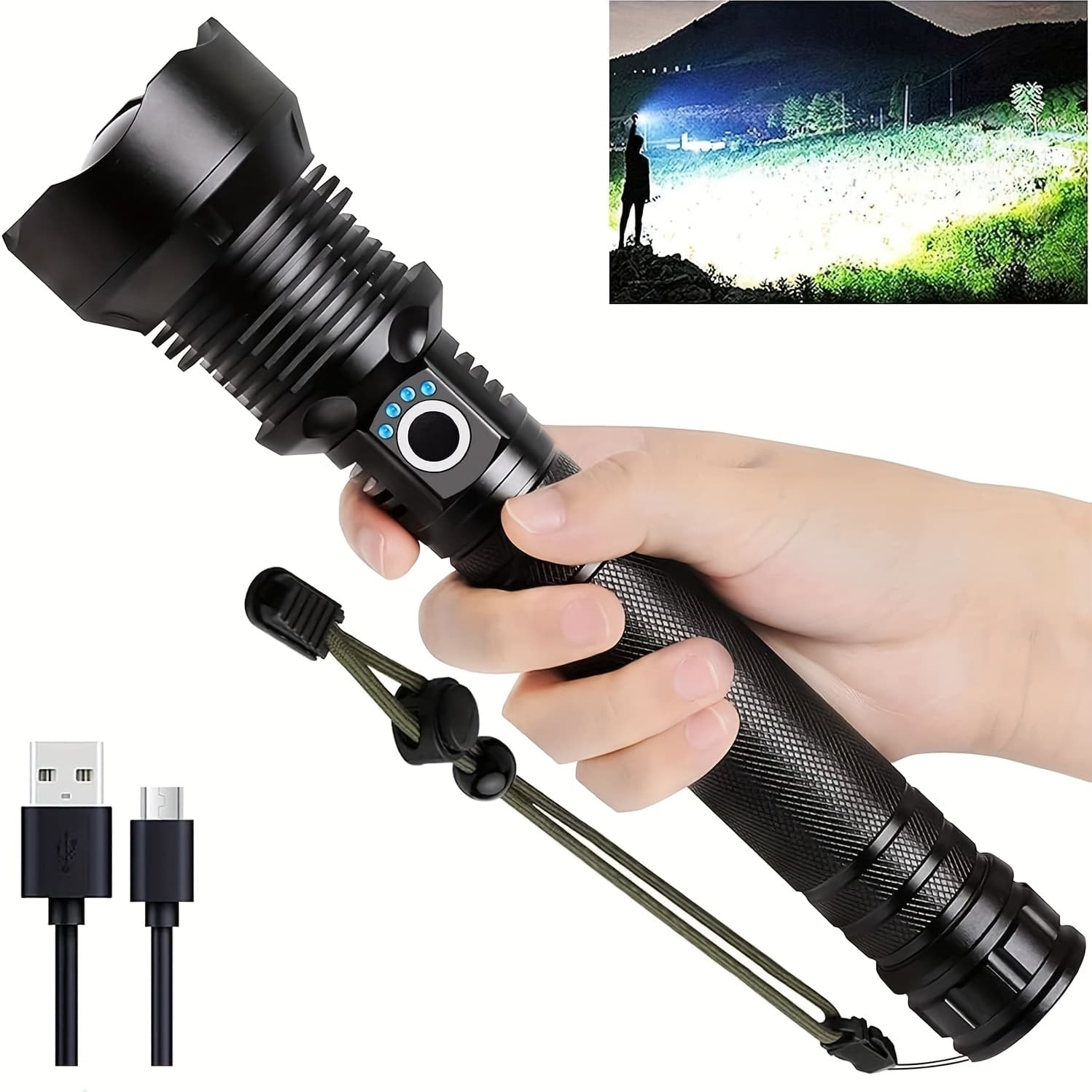 TEMU High-brightness P70 Led Tactical Flashlight, Usb Rechargeable Flashlight, High-lumen Flashlight, Suitable For Outdoor Camping, Fishing, Hunting, Hiking And Emergencies, For Fathers/husbands