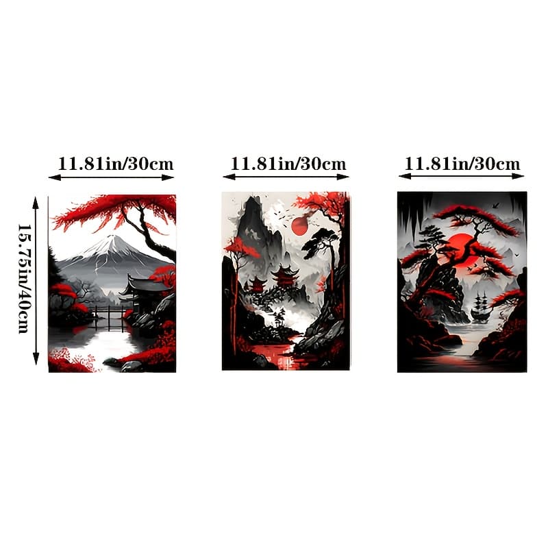 TEMU 3pcs Set Of Frameless Temple Japanese Natural Landscape Canvas Painting, Black And Red Art Prints, Living Room Bedroom Home Wall, Unframed Hanging Oil Painting