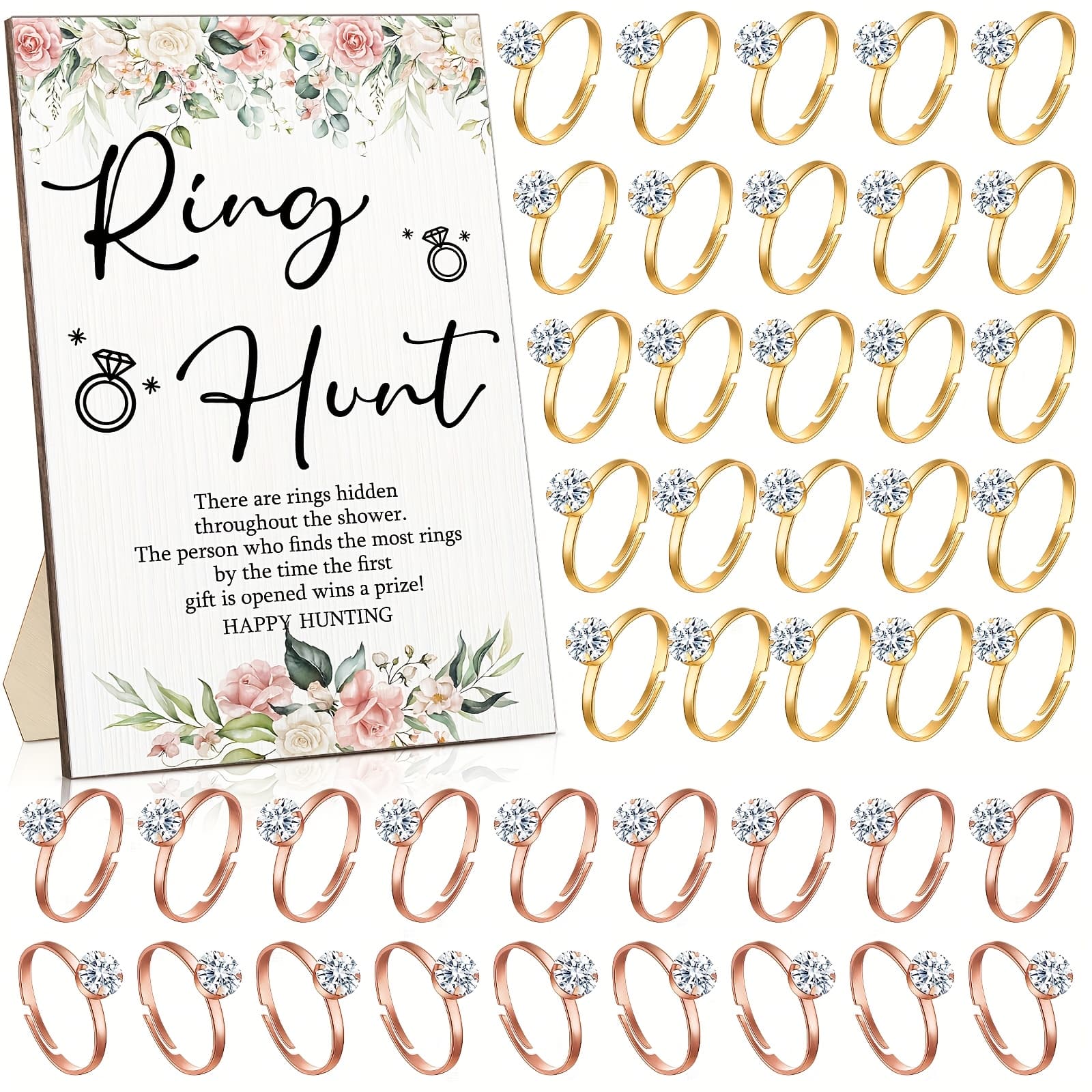 TEMU Bridal Shower Games With Rings Funny Hunt Games Sign Wooden Game Sign And 100 Mini Plastic Fake Rings With Diamond For Bride Shower Game Wedding Winner Gifts Party Favors(flower)