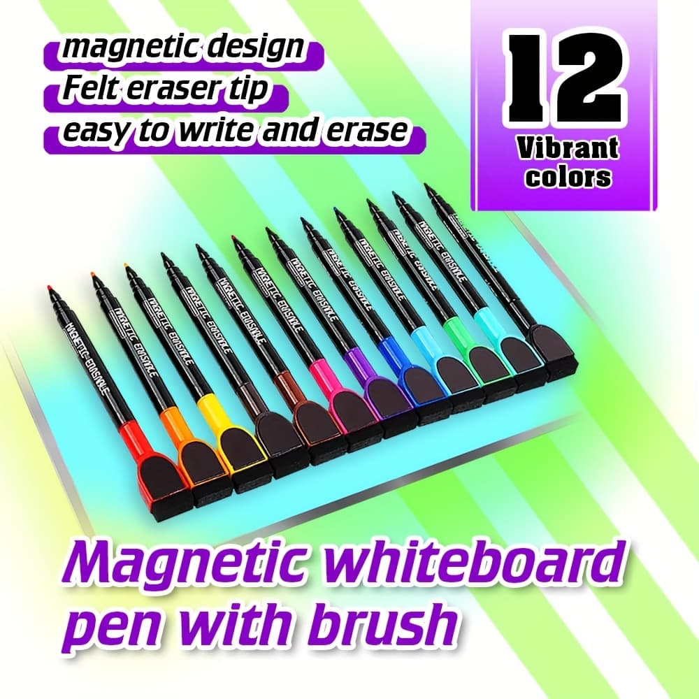 TEMU Colored Adhesive Fine-tip Whiteboard Markers, 12-pack With Eraser And Dry Erase Low Odor, Easy-to-erase Marker Pens For Multi-scenes (home, School, Office)