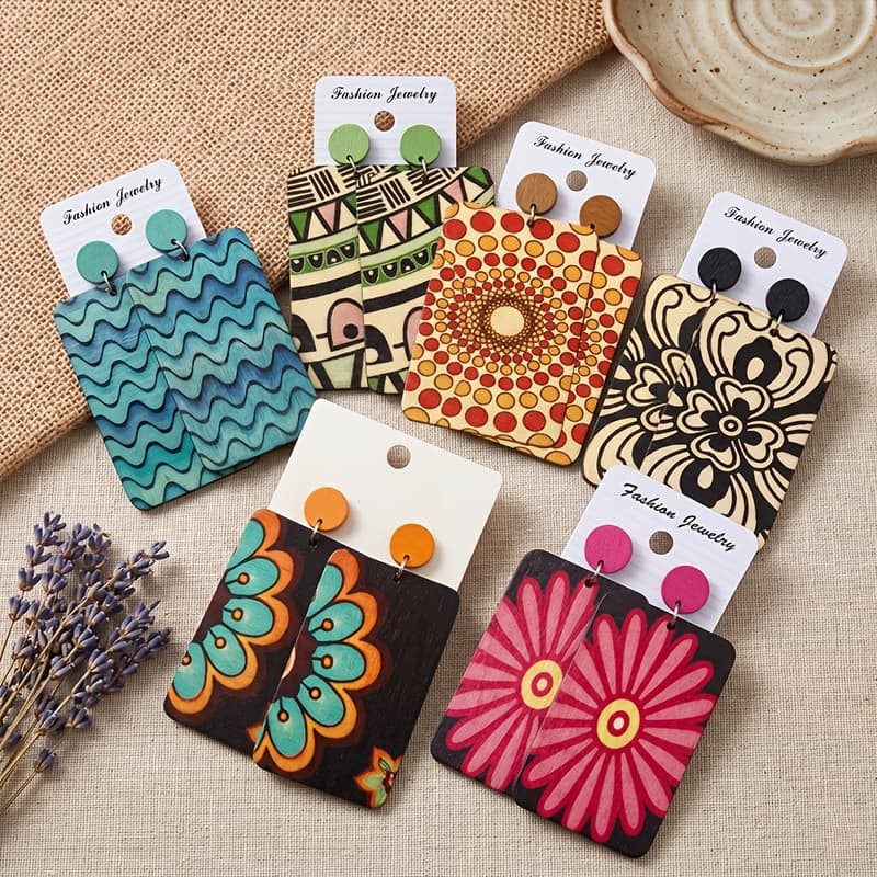 TEMU 6 Pairs Bohemian Style Rectangle Colorful Wooden Dangle Earrings, Vintage Style Floral Pattern Earrings, Perfect For Daily, Attending Festivals, Vacation Wear, Beautiful Jewelry For