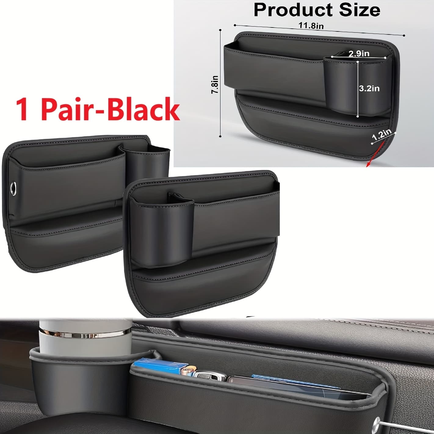 TEMU 2pcs Car Seat Organizer With Cup Holder, Adjustable Pu Leather Car Side Seat Storage Box, Multi-functional Interior Storage Organizer For Phone, Keys, Fashion Glasses, And Cards, Black