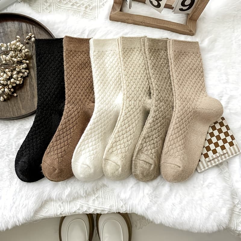 TEMU 6 Pairs Of Small Diamond Shaped Plush Socks For Women, Autumn And Winter Thick Warm Solid Towel Socks, Easy Warm Socks, Versatile Socks