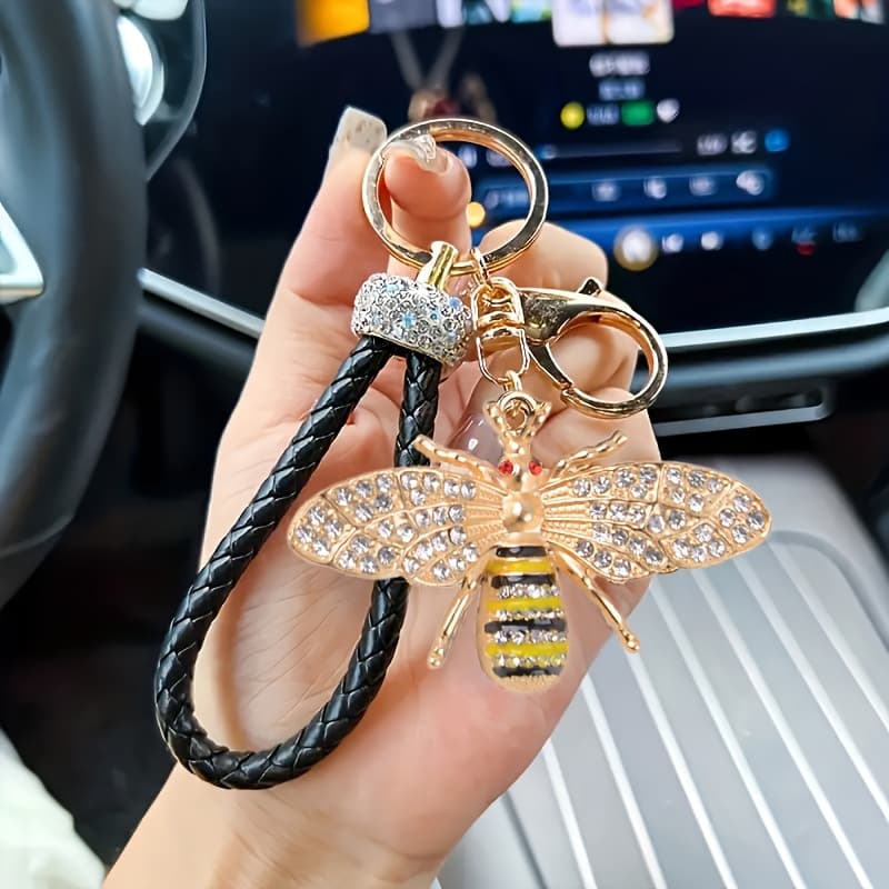 TEMU 1pc Shiny Bee Keychain With Black Woven Hand Strap And Charm-fashionable Car Key Bag Pendant, Ladies Birthday Gift, High Quality Decorative Key Ring, Exquisite Fashion Additions