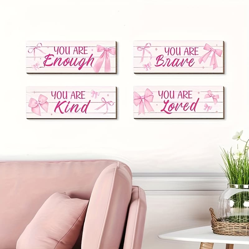 TEMU 4pcs Pink Bow Wooden Decorative Plaque You Are Kind Brave Positive Encouraging Quote Wall Decor Hanging Painting Suitable For Bedroom Living Room Office Decoration